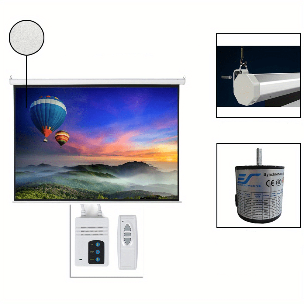 Motorized projector screen with remote control, featuring a 100-inch matte white high contrast display, ideal for home theater setups. 4