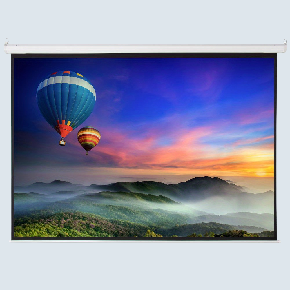 Motorized projector screen with remote control, featuring a 100-inch matte white high contrast display, ideal for home theater setups. 1