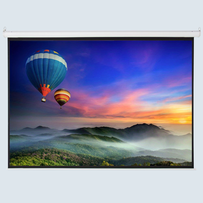 Motorized projector screen with remote control, featuring a 100-inch matte white high contrast display, ideal for home theater setups. 1