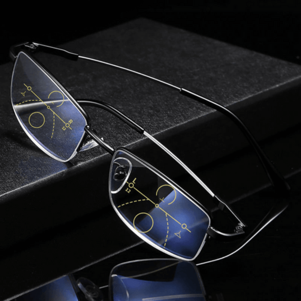 Multifocal reading glasses featuring blue light blocking technology, designed for clear vision at near, intermediate, and far distances, ideal for everyday use and digital 1