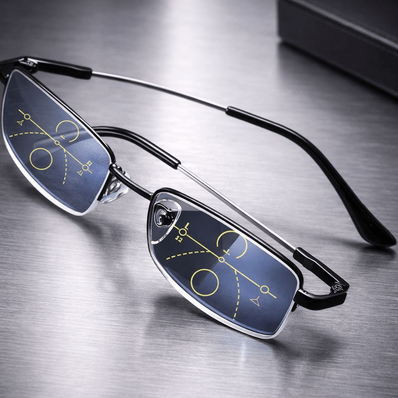 Multifocal reading glasses featuring blue light blocking technology, designed for clear vision at near, intermediate, and far distances, ideal for everyday use and digital 2