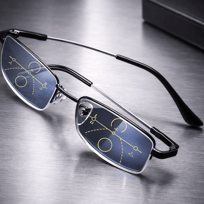 Multifocal reading glasses featuring blue light blocking technology, designed for clear vision at near, intermediate, and far distances, ideal for everyday use and digital 2
