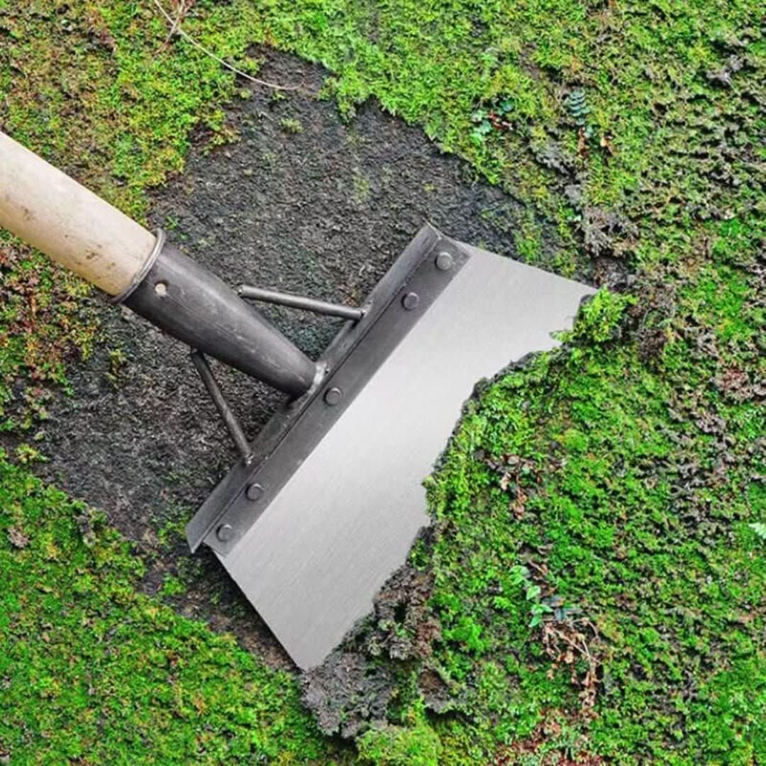 Multifunctional cleaning shovel featuring an ergonomic grip, made of durable manganese steel, designed for compact storage and versatile cleaning tasks. 3