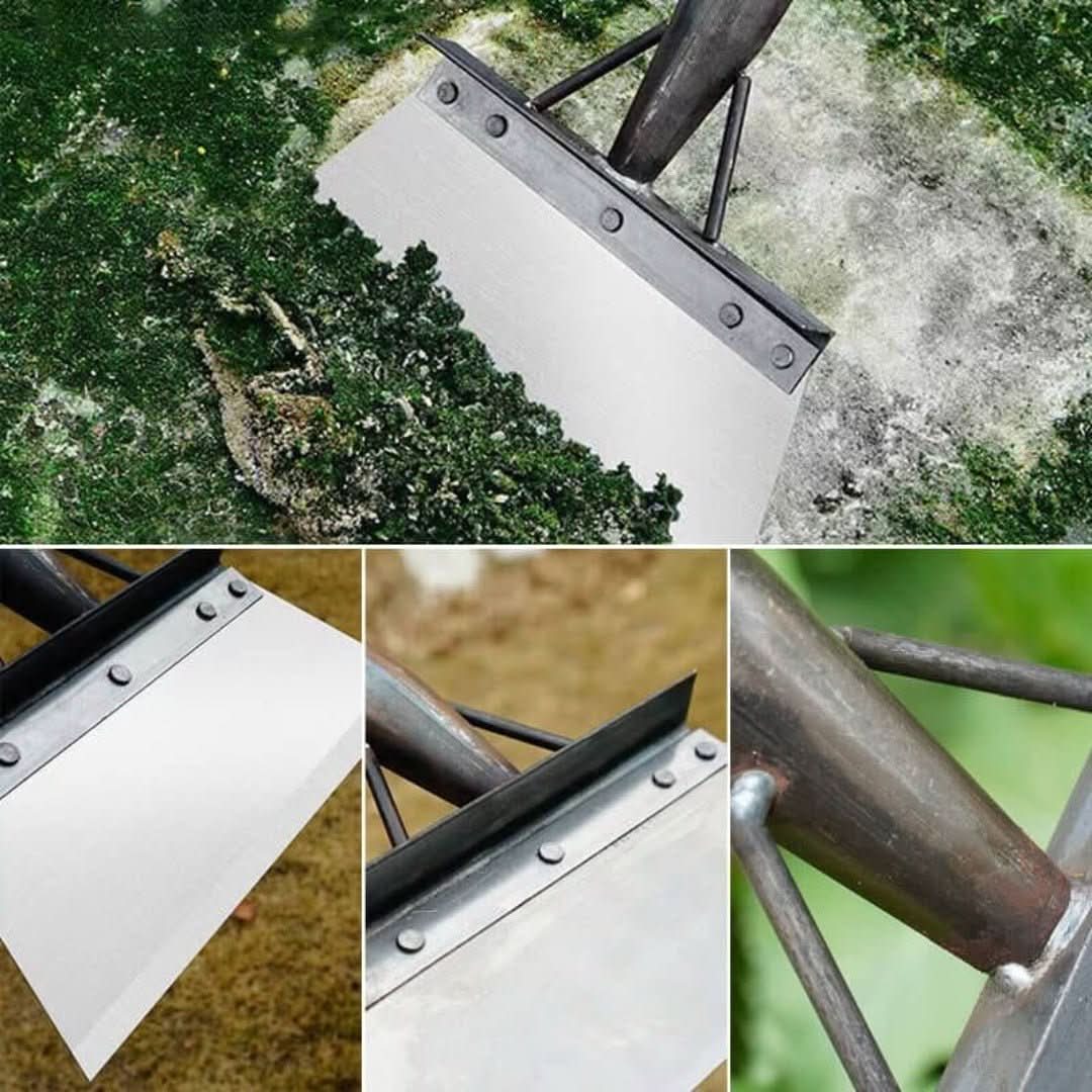 Multifunctional cleaning shovel featuring an ergonomic grip, made of durable manganese steel, designed for compact storage and versatile cleaning tasks. 2