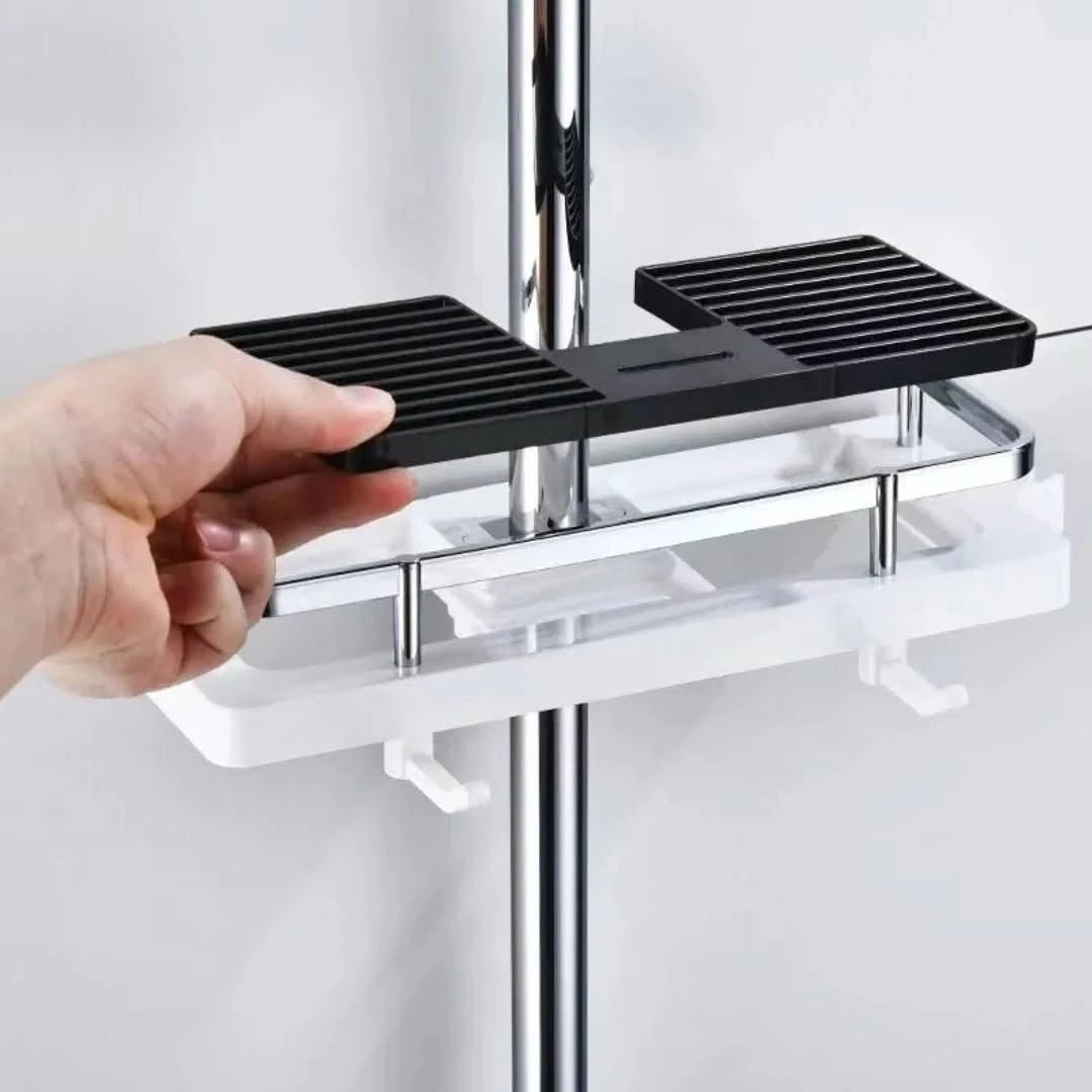 Multifunctional storage rack made of durable ABS plastic, featuring tool-less installation, ideal for organizing bathroom, kitchen, and living room spaces. 3