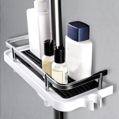 Multifunctional storage rack made of durable ABS plastic, featuring tool-less installation, ideal for organizing bathroom, kitchen, and living room spaces. 2