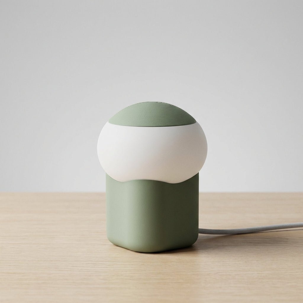 Mushroom table lamp featuring a modern minimalist design with soft LED light, perfect for bedside and nightstand use. 2