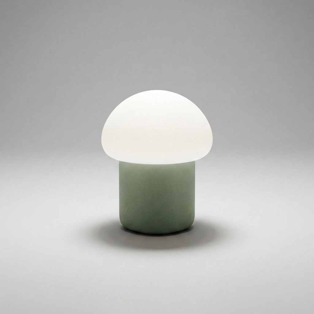 Mushroom table lamp featuring a modern minimalist design with soft LED light, perfect for bedside and nightstand use. 10