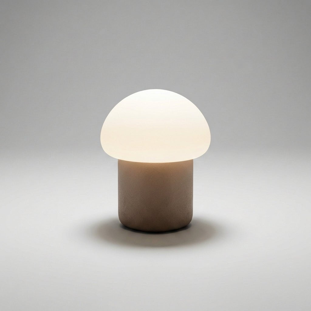 Mushroom table lamp featuring a modern minimalist design with soft LED light, perfect for bedside and nightstand use. 9