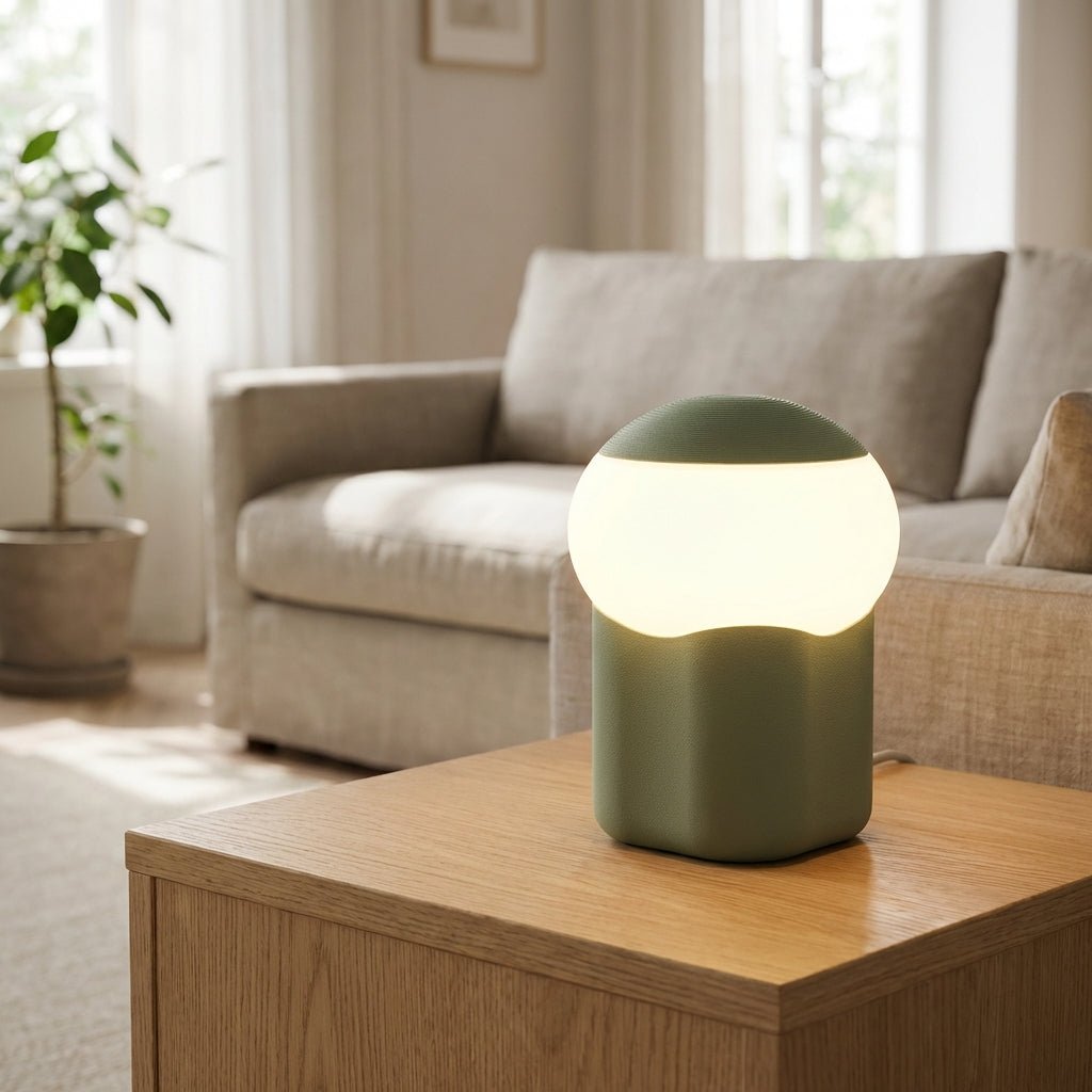 Mushroom table lamp featuring a modern minimalist design with soft LED light, perfect for bedside and nightstand use. 1