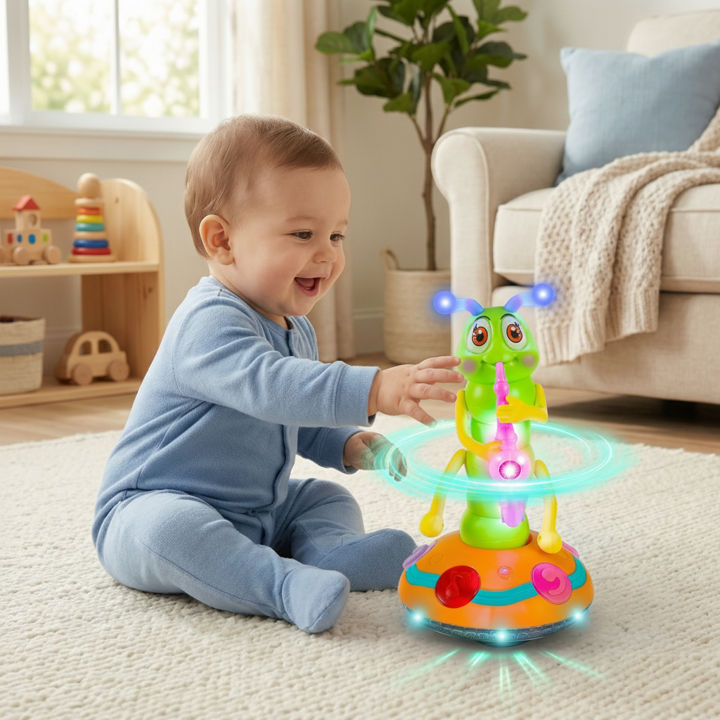 Interactive musical crawling toy featuring a colorful caterpillar design with spinning lights and sound, designed to engage and entertain babies while promoting sensory development. 0