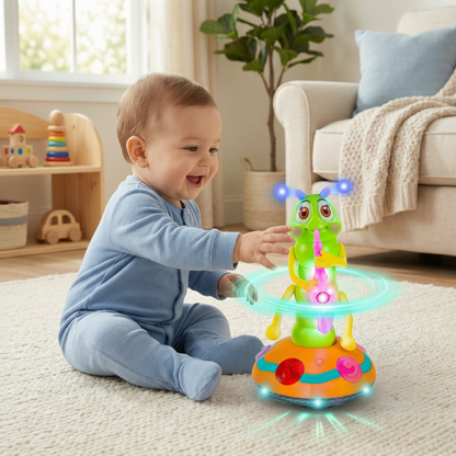 Interactive musical crawling toy featuring a colorful caterpillar design with spinning lights and sound, designed to engage and entertain babies while promoting sensory development. 0