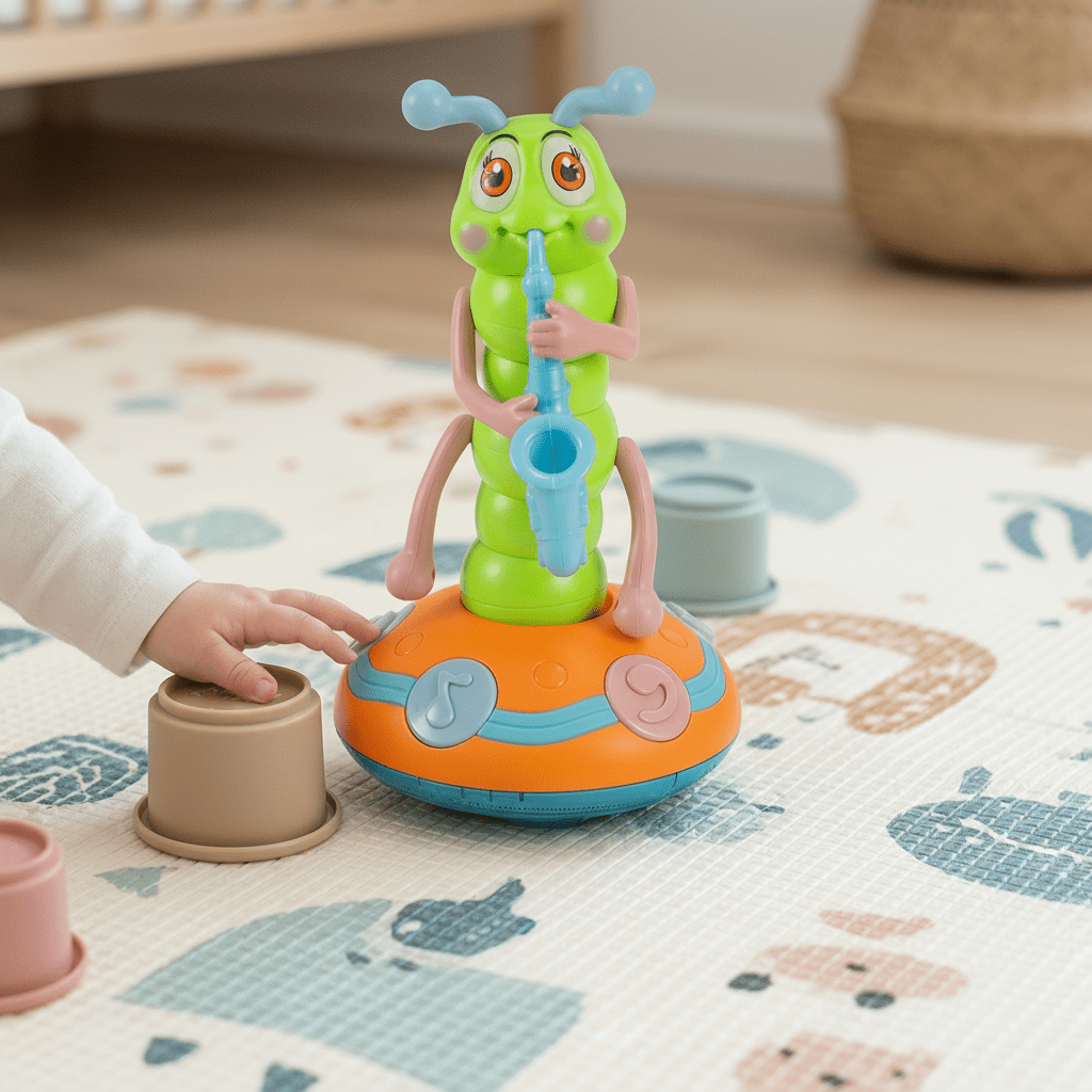 Interactive musical crawling toy featuring a colorful caterpillar design with spinning lights and sound, designed to engage and entertain babies while promoting sensory development. 2