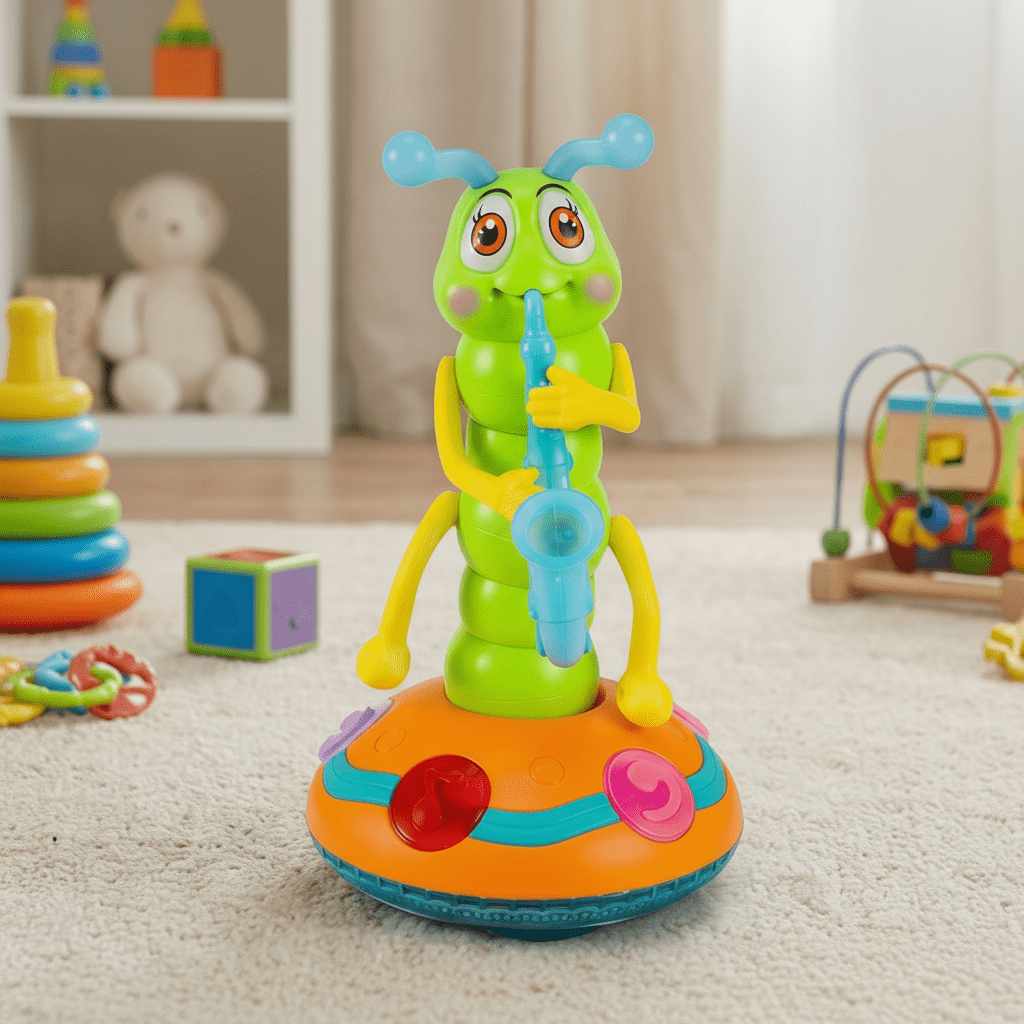 Interactive musical crawling toy featuring a colorful caterpillar design with spinning lights and sound, designed to engage and entertain babies while promoting sensory development. 1