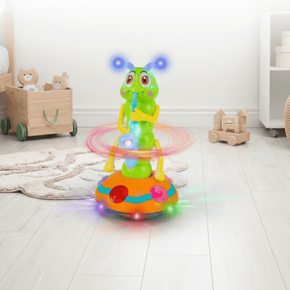 Interactive musical crawling toy featuring a colorful caterpillar design with spinning lights and sound, designed to engage and entertain babies while promoting sensory development. 4