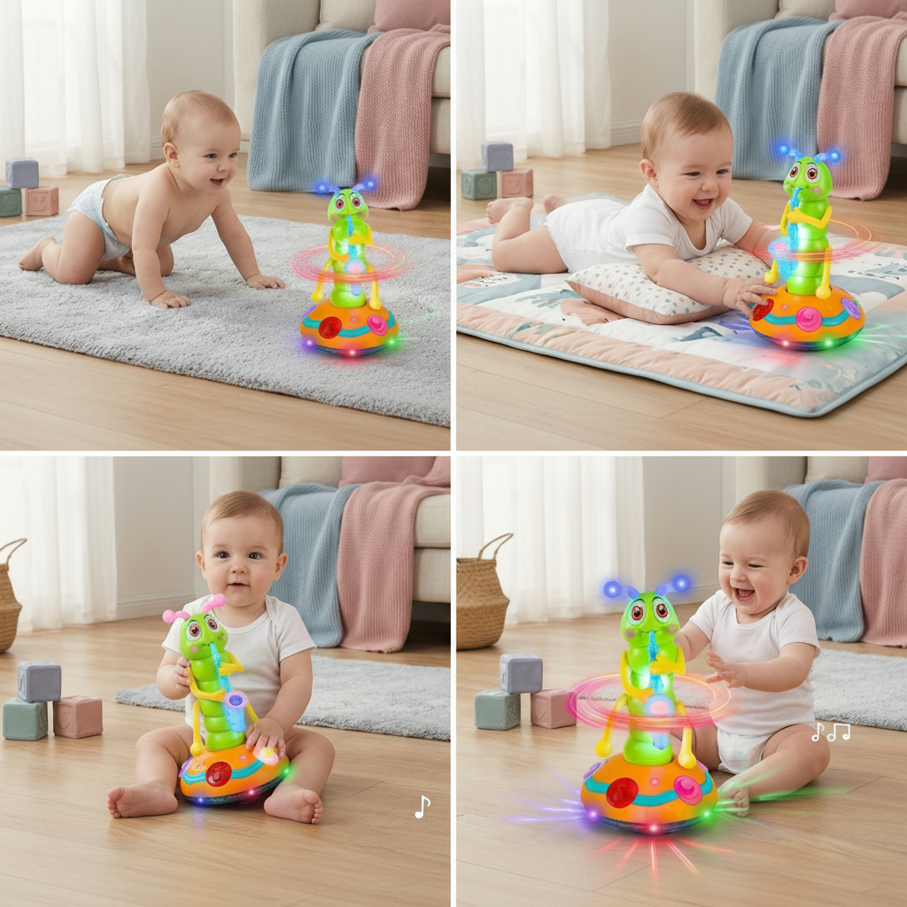 Interactive musical crawling toy featuring a colorful caterpillar design with spinning lights and sound, designed to engage and entertain babies while promoting sensory development. 3