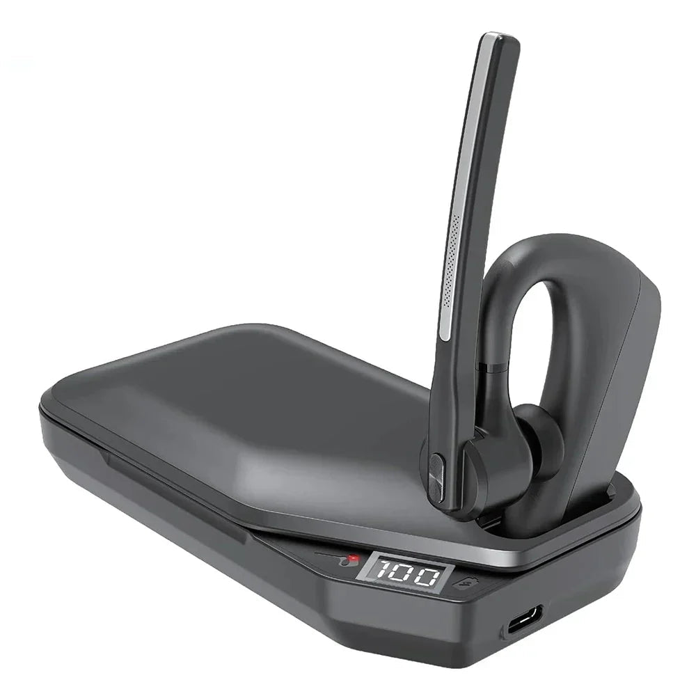 Noise-cancelling Bluetooth headset featuring dual microphones for clear audio, designed for comfort and long battery life, ideal for calls and music. 1