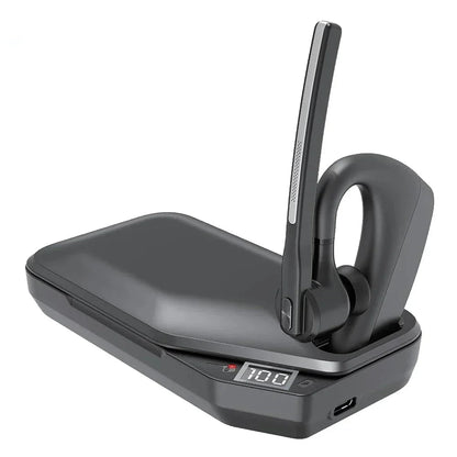 Noise-cancelling Bluetooth headset featuring dual microphones for clear audio, designed for comfort and long battery life, ideal for calls and music. 1