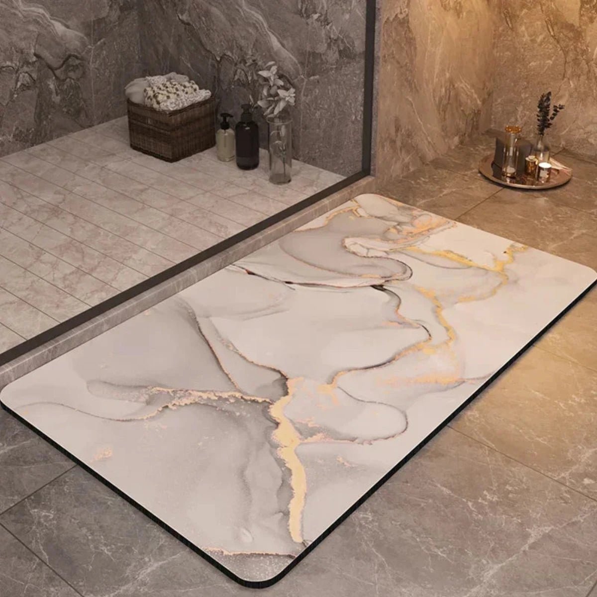 Non-slip bath mat featuring a quick-drying diatom mud surface, available in multiple colors, designed for safety and comfort in the bathroom. 2
