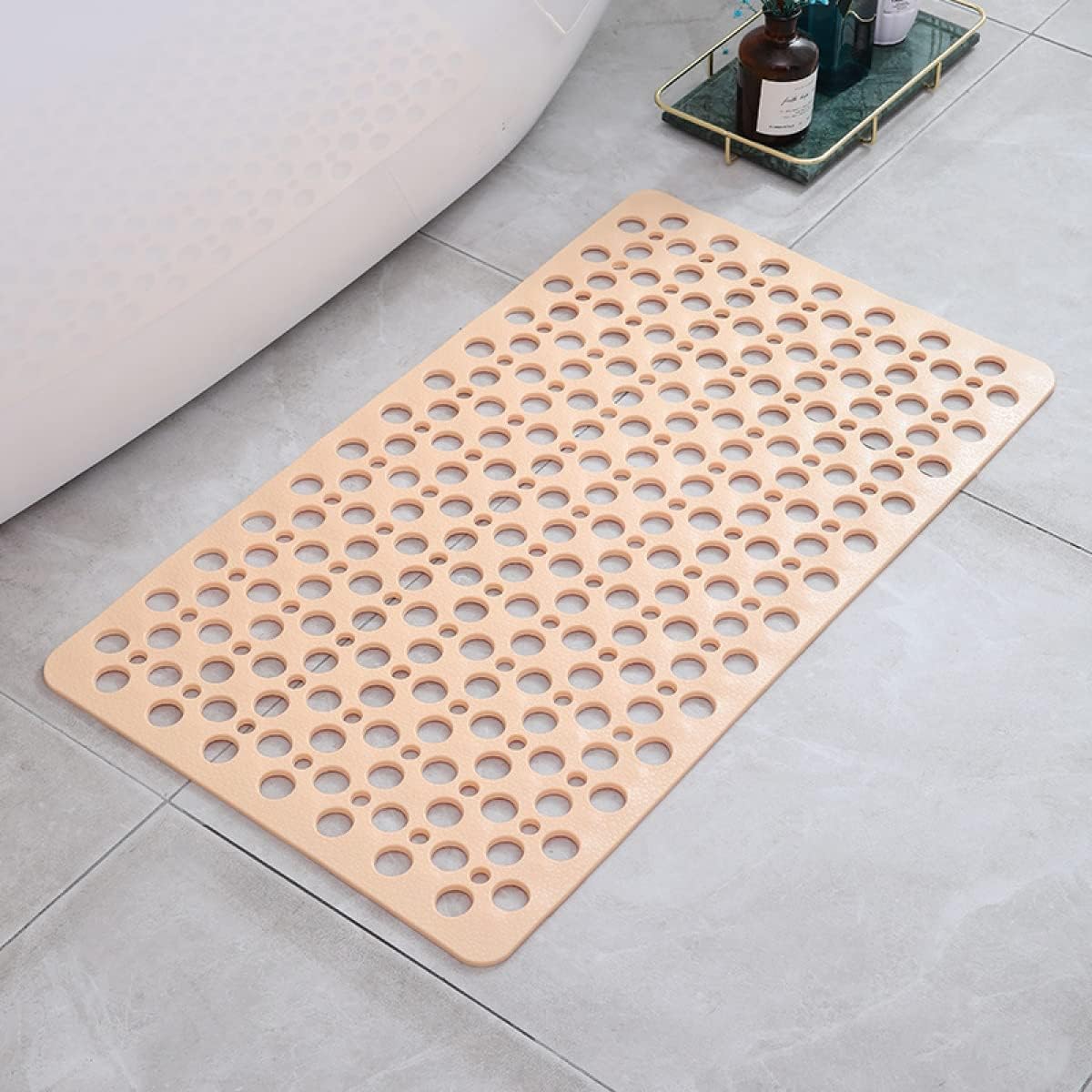 Non-slip shower mat featuring strong suction cups for stability, quick drainage holes for efficient water flow, and mold-resistant material for a hygienic bathroom experience. 11