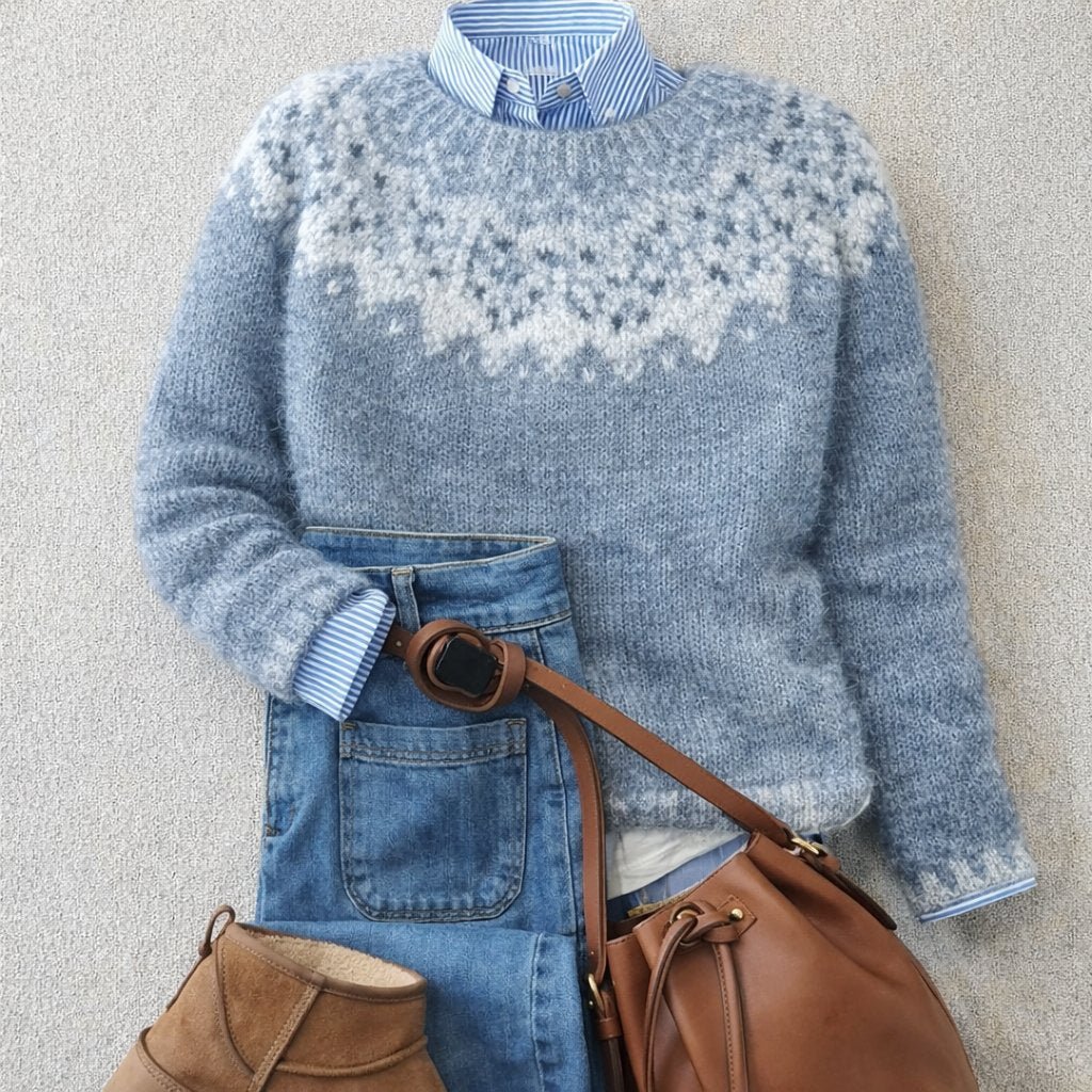 Nordic Fair Isle sweater featuring a cozy knit design and snowflake pattern, designed for women with a relaxed fit, perfect for winter wear. 0