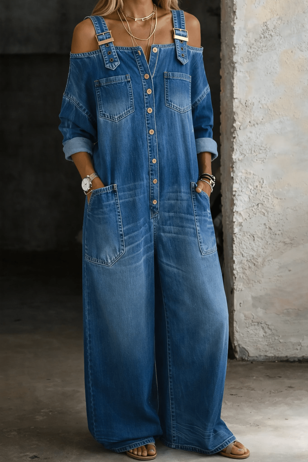 Off shoulder denim jumpsuit for women featuring a square neckline and convenient side pockets, perfect for casual everyday wear. 0