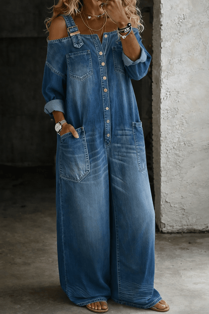 Off shoulder denim jumpsuit for women featuring a square neckline and convenient side pockets, perfect for casual everyday wear. 3