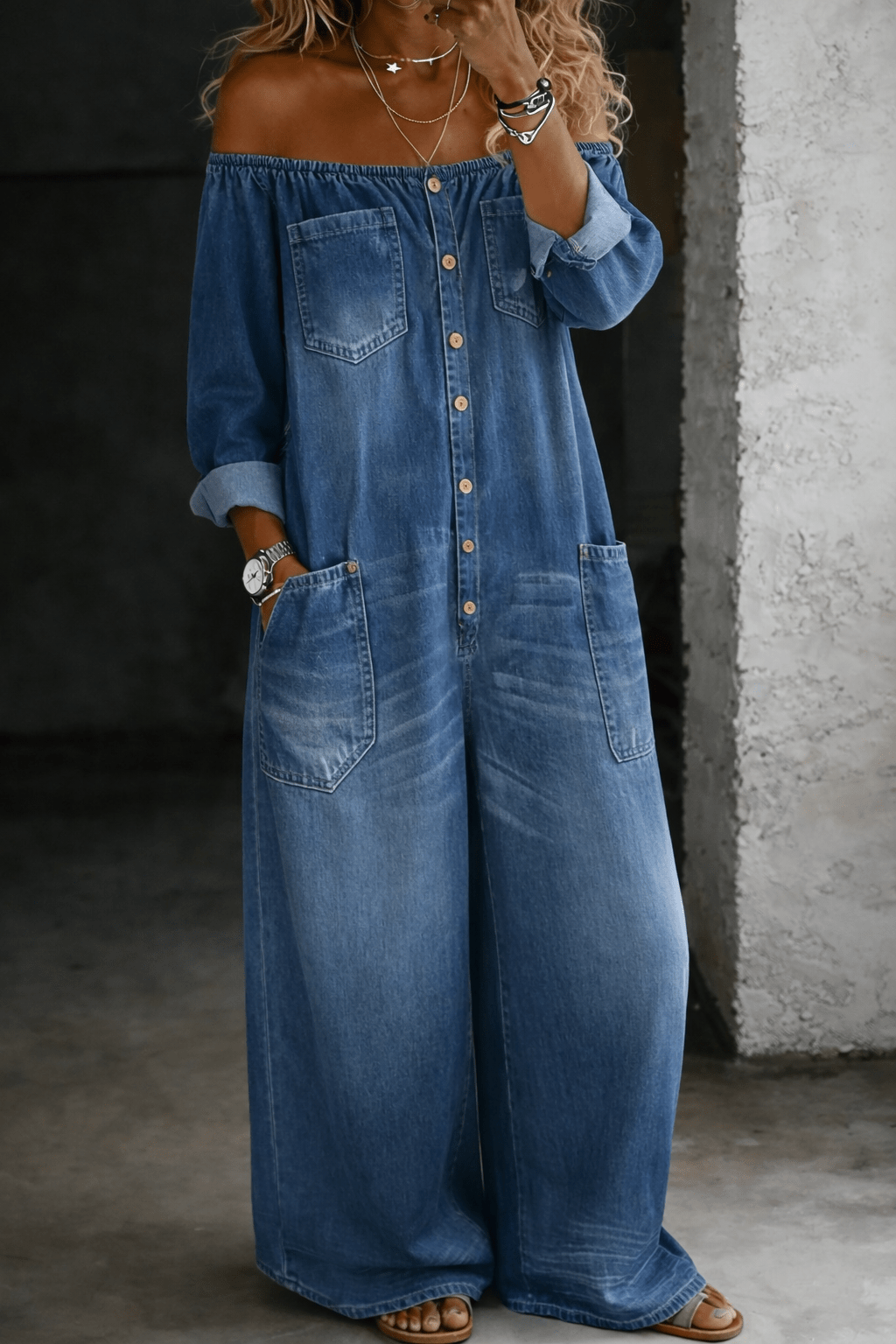 Off shoulder jumpsuit for women featuring long sleeves and a relaxed fit, made from soft and breathable fabric, perfect for casual outings and comfortable wear. 1