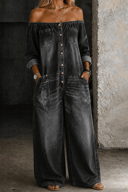 Off shoulder jumpsuit for women featuring long sleeves and a relaxed fit, made from soft and breathable fabric, perfect for casual outings and comfortable wear. 4