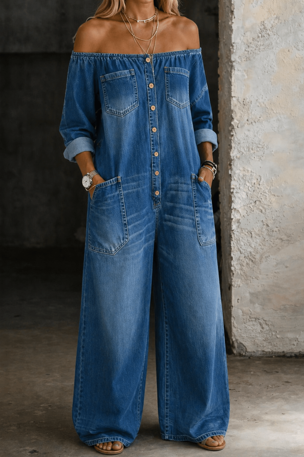 Off shoulder jumpsuit for women featuring long sleeves and a relaxed fit, made from soft and breathable fabric, perfect for casual outings and comfortable wear. 0