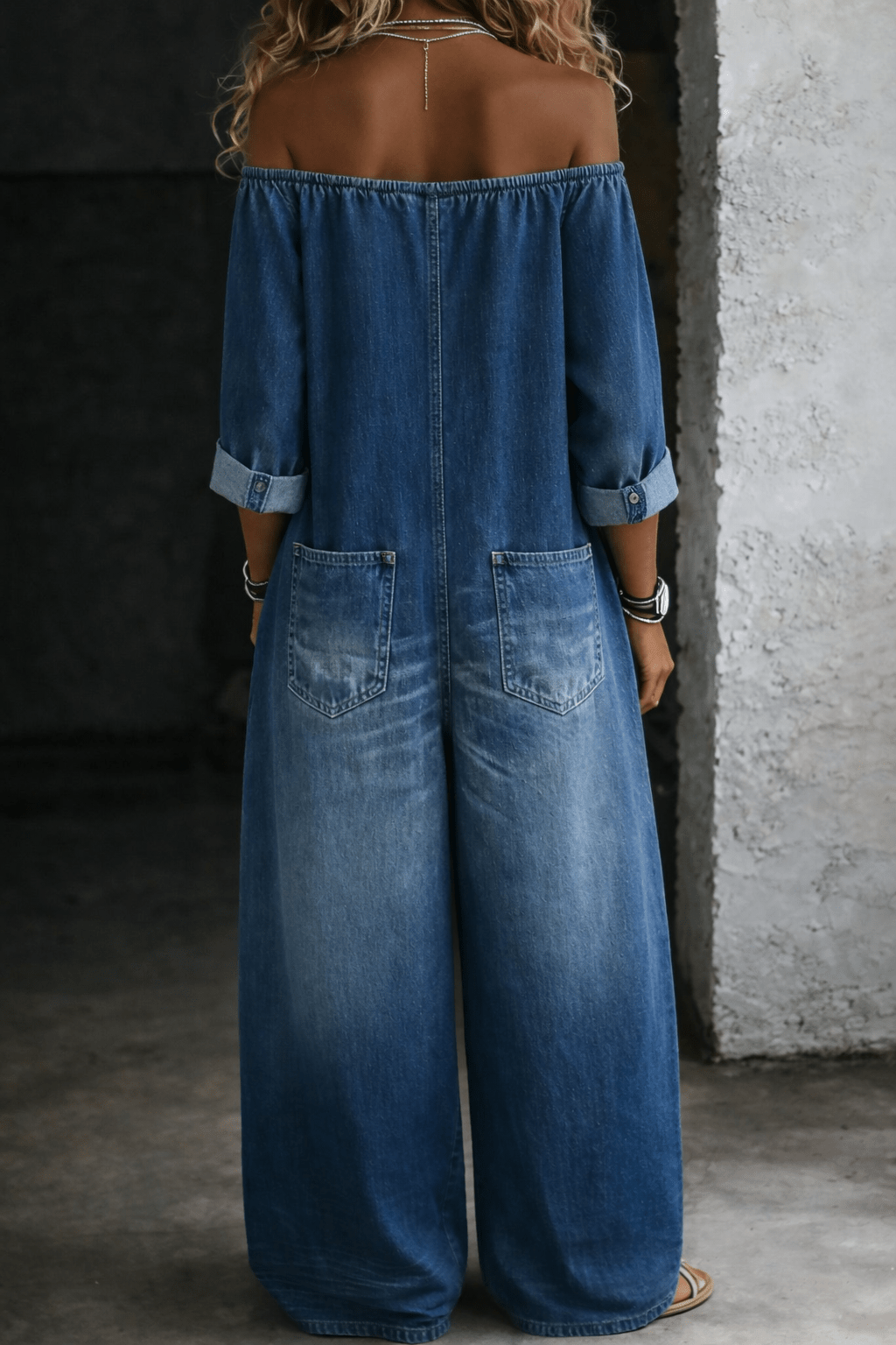 Off shoulder jumpsuit for women featuring long sleeves and a relaxed fit, made from soft and breathable fabric, perfect for casual outings and comfortable wear. 2