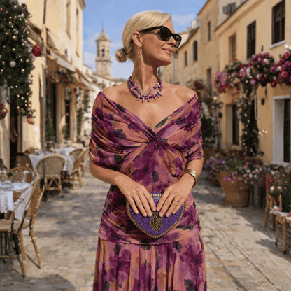 Elegant off-shoulder maxi dress in draped chiffon featuring a flattering mermaid silhouette, perfect for formal occasions, designed for women. 5
