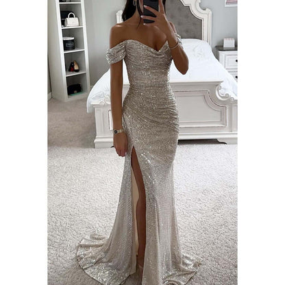 Off-shoulder maxi dress featuring a thigh-high slit and sweetheart neckline, adorned with an all-over sequin finish for a glamorous look. 4