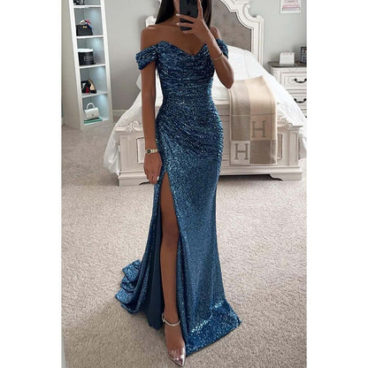 Off-shoulder maxi dress featuring a thigh-high slit and sweetheart neckline, adorned with an all-over sequin finish for a glamorous look. 10