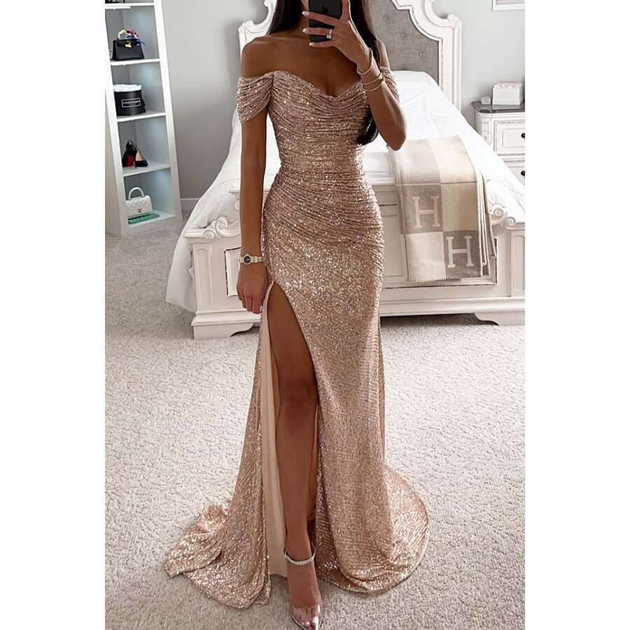 Off-shoulder maxi dress featuring a thigh-high slit and sweetheart neckline, adorned with an all-over sequin finish for a glamorous look. 7