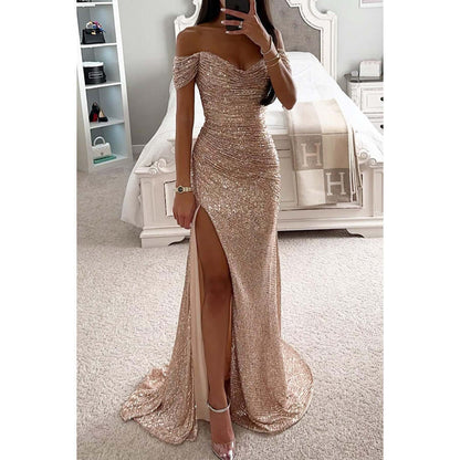 Off-shoulder maxi dress featuring a thigh-high slit and sweetheart neckline, adorned with an all-over sequin finish for a glamorous look. 7
