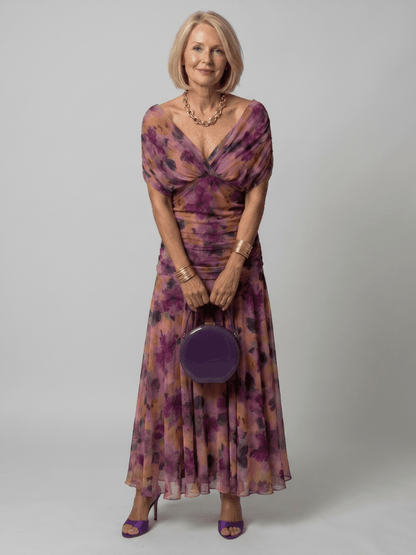 Off shoulder midi dress with draped neckline, perfect lightweight summer attire for wedding guests and cocktail events. 0