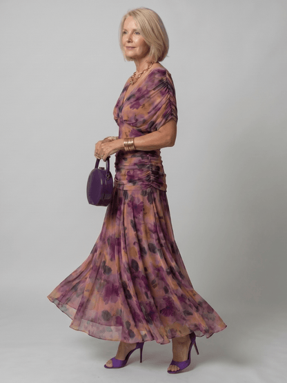Off shoulder midi dress with draped neckline, perfect lightweight summer attire for wedding guests and cocktail events. 1