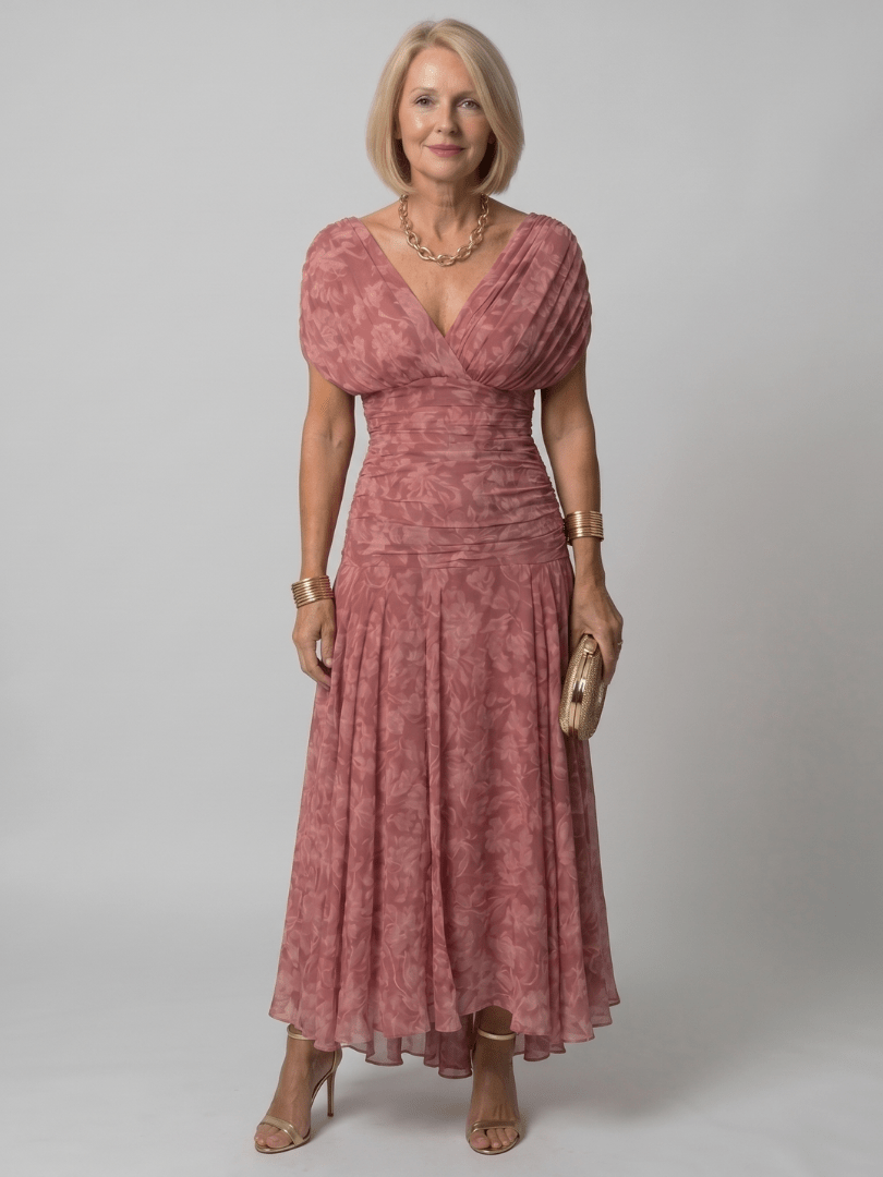 Off shoulder midi dress with draped neckline, perfect lightweight summer attire for wedding guests and cocktail events. 12
