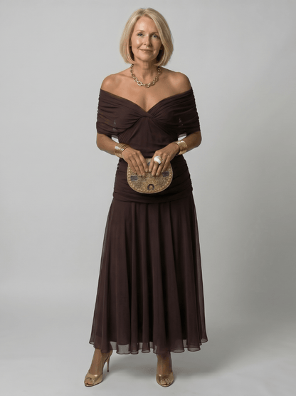 Off shoulder midi dress with draped neckline, perfect lightweight summer attire for wedding guests and cocktail events. 10