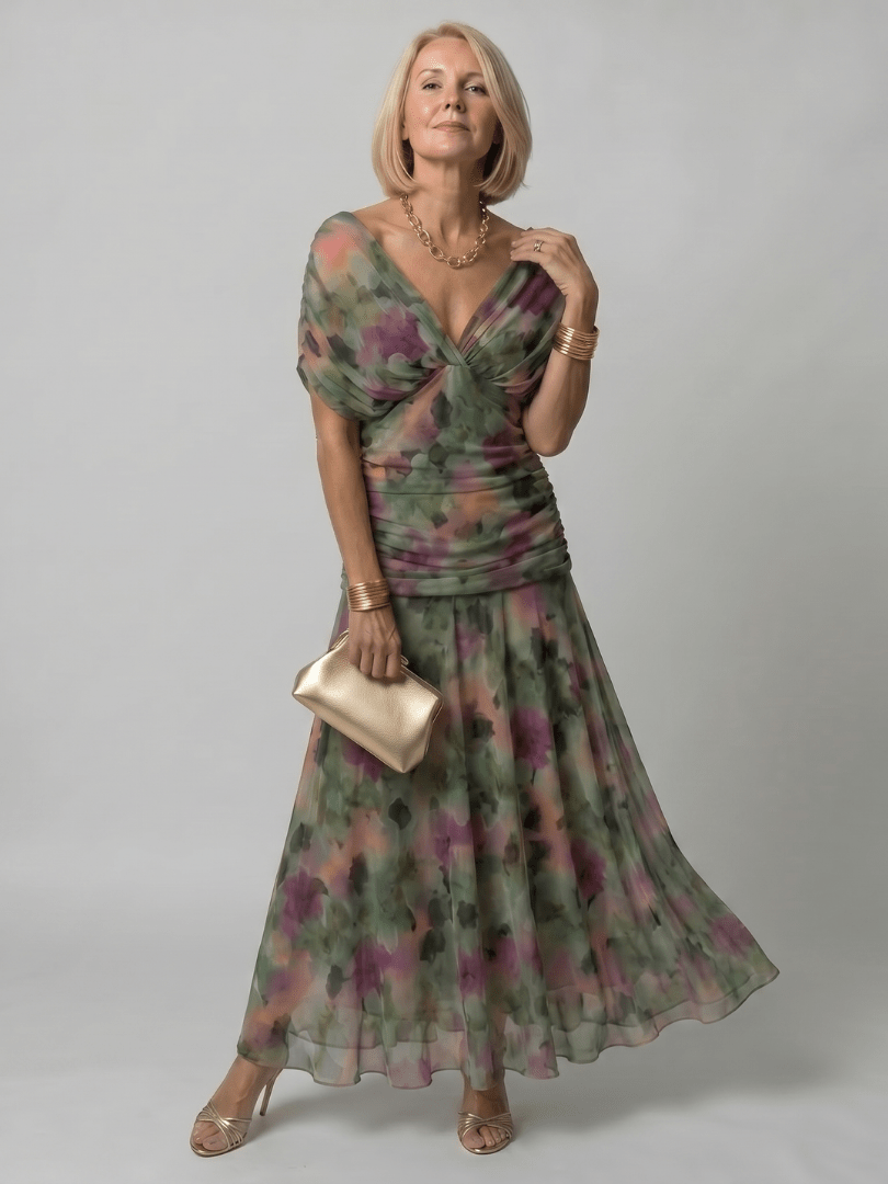 Off shoulder midi dress with draped neckline, perfect lightweight summer attire for wedding guests and cocktail events. 9