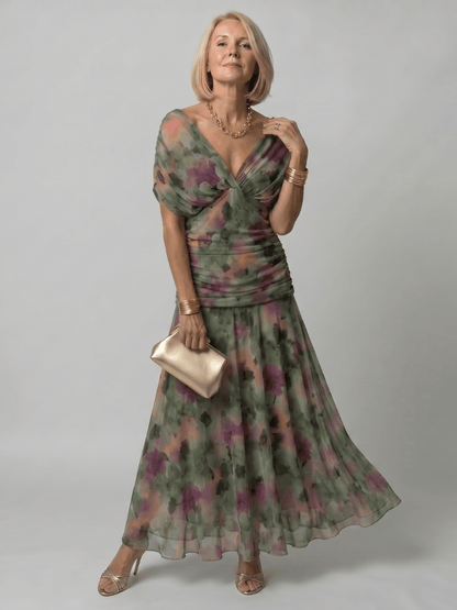 Off shoulder midi dress with draped neckline, perfect lightweight summer attire for wedding guests and cocktail events. 9