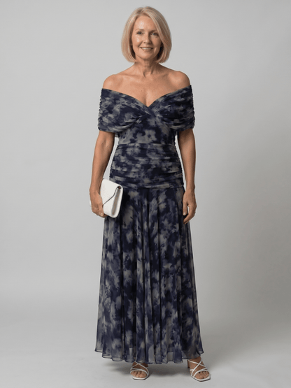 Off shoulder midi dress with draped neckline, perfect lightweight summer attire for wedding guests and cocktail events. 13