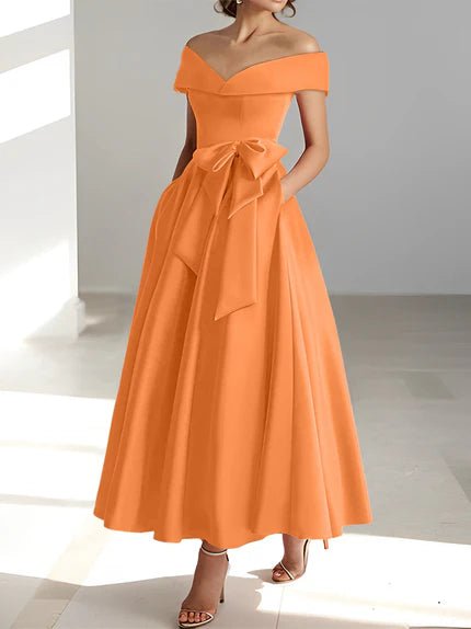 Off-the-Shoulder Mother of the Bride Dress with Pockets – Elegant Satin A-Line Ankle-Length in Champagne