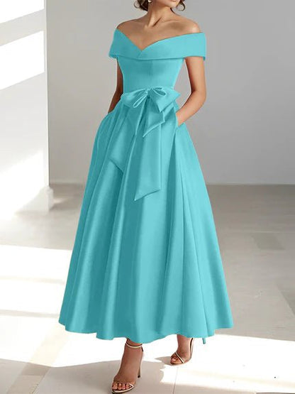 Off-the-Shoulder Mother of the Bride Dress with Pockets – Elegant Satin A-Line Ankle-Length in Champagne