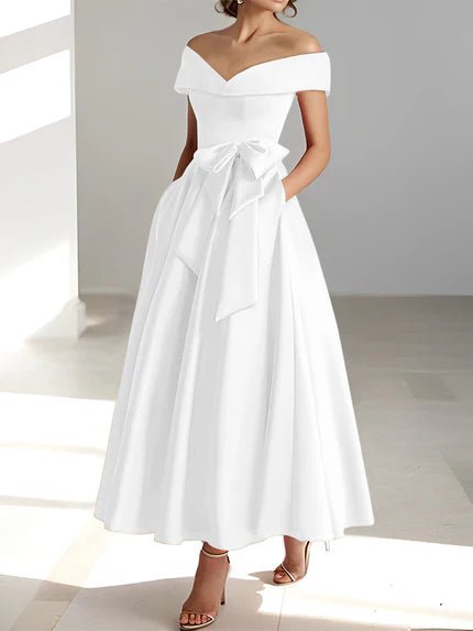 Off-the-Shoulder Mother of the Bride Dress with Pockets – Elegant Satin A-Line Ankle-Length in Champagne