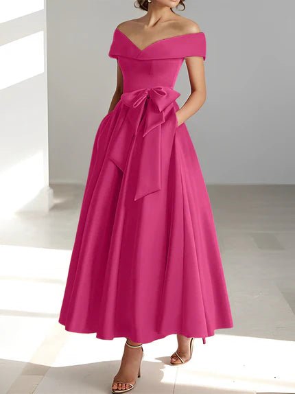 Off-the-Shoulder Mother of the Bride Dress with Pockets – Elegant Satin A-Line Ankle-Length in Champagne