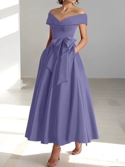 Off-the-Shoulder Mother of the Bride Dress with Pockets – Elegant Satin A-Line Ankle-Length in Champagne