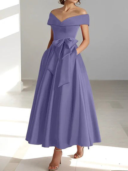 Off-the-Shoulder Mother of the Bride Dress with Pockets – Elegant Satin A-Line Ankle-Length in Champagne