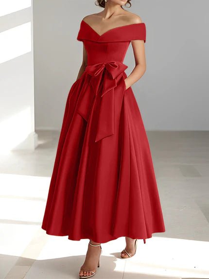 Off-the-Shoulder Mother of the Bride Dress with Pockets – Elegant Satin A-Line Ankle-Length in Champagne